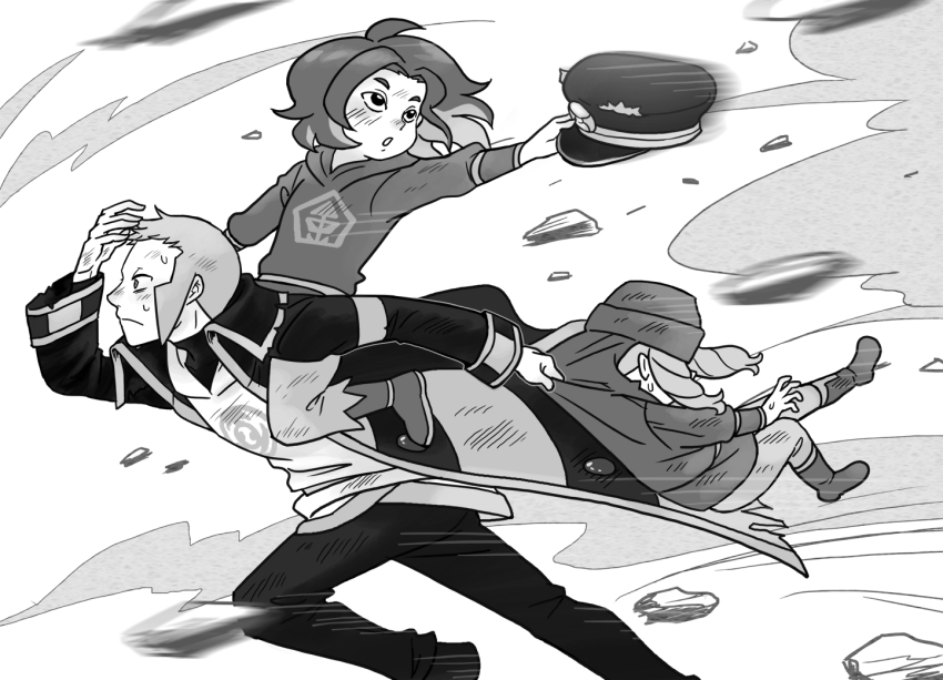 3boys adaman_(pokemon) aged_down belt black_coat black_footwear black_hat black_pants black_undershirt boots carrying coat debris diamond_clan_outfit grabbing_from_behind greyscale hand_on_another&#039;s_hat hat ingo_(pokemon) kosuke_(kosuke_zzz) long_hair lying melli_(pokemon) monochrome motion_blur multicolored_hair multiple_boys nintendo on_back pants pearl_clan_outfit piggyback pokemon pokemon_legends:_arceus short_hair sideburns sidelocks smoke sweat sweatdrop torn_clothes torn_coat two-tone_hair undershirt white_background