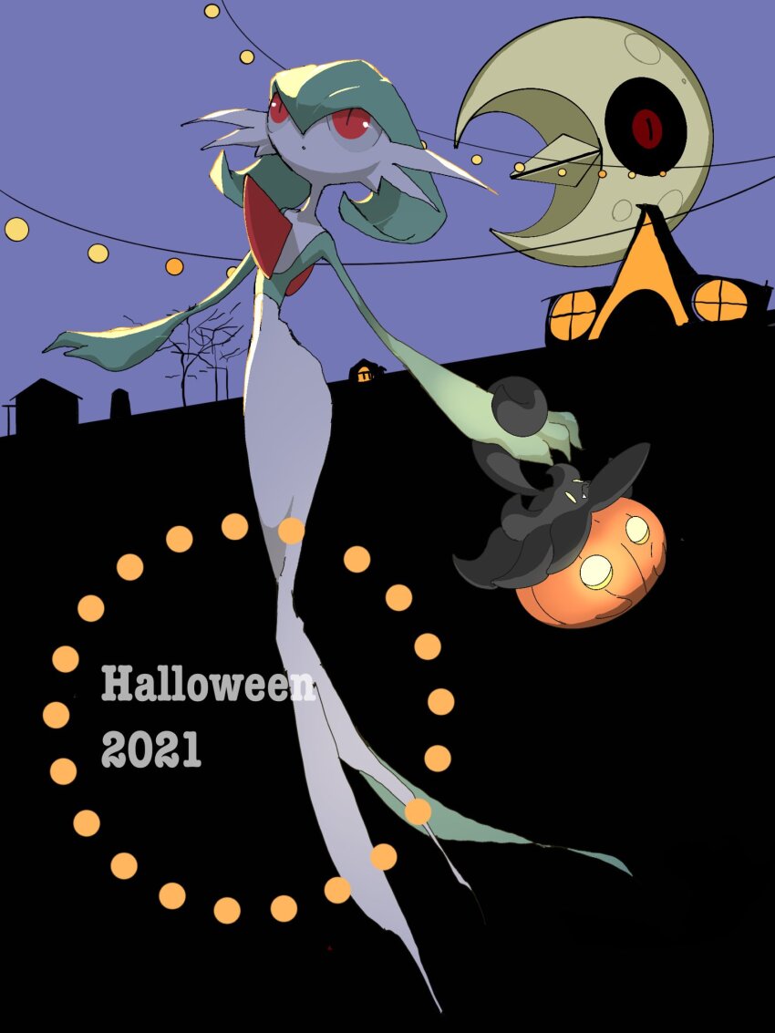 bob_cut colored_skin dress gardevoir gen_3_pokemon gen_6_pokemon glowing glowing_eyes green_hair green_skin halloween highres lunatone multicolored_skin mxlaghrsuk33yws nintendo no_feet pokemon pokemon_(creature) pumpkaboo red_eyes two-tone_skin white_dress white_skin yellow_eyes