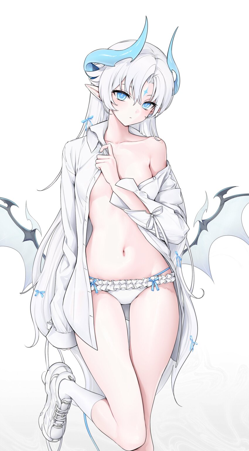 1girl absurdres bare_shoulders bikini bikini_bottom_only blue_eyes breasts buttons closed_mouth collarbone collared_shirt demon_girl demon_horns demon_tail demon_wings dress_shirt elsword expressionless facial_mark forehead_mark frilled_bikini frills hand_on_own_chest highres horns ishtar_(elsword) kneehighs leg_up long_hair long_sleeves looking_at_viewer low_wings luciela_r._sourcream navel no_bra no_pants off_shoulder open_clothes open_shirt parted_bangs pointy_ears shirt shoes simple_background small_breasts sneakers socks solo standing standing_on_one_leg stomach string_bikini swimsuit symbol-shaped_pupils tail tanjel thighs unbuttoned unbuttoned_shirt very_long_hair white_background white_bikini white_hair white_shirt white_shoes white_socks wings