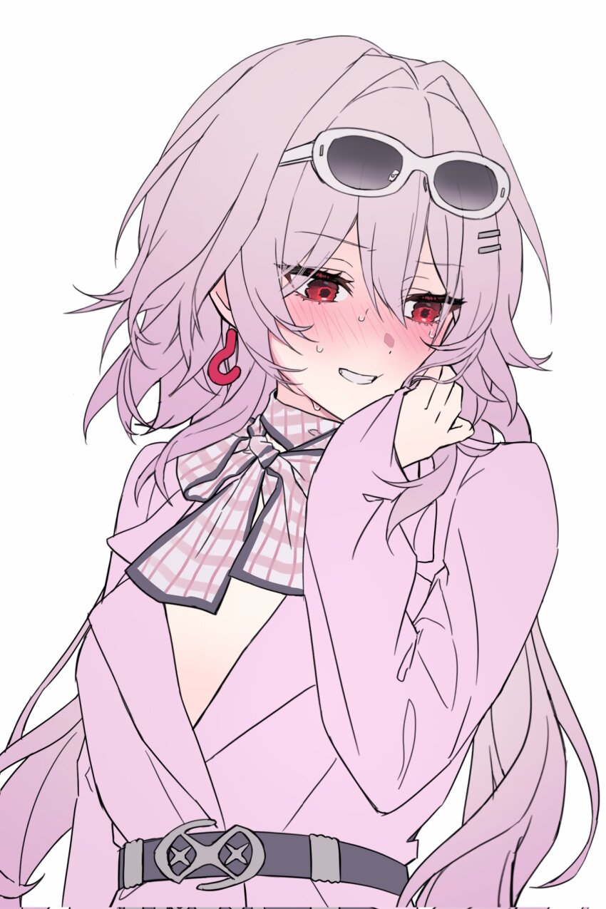 1girl alternate_costume belt black_belt clenched_teeth commentary earrings evernight_(honkai:_star_rail) eyewear_on_head hair_ornament hairclip highres honkai:_star_rail honkai_(series) jacket jewelry long_hair long_sleeves march_7th_(honkai:_star_rail) pink_hair pink_jacket red_eyes sasa234 scarf solo sunglasses symbol-only_commentary teeth unfinished upper_body very_long_hair