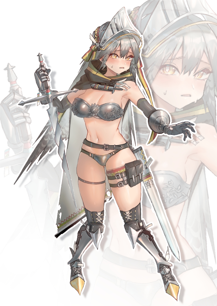 1girl alternate_costume arknights armor armored_boots armpits belt bikini_armor black_belt blush boots breasts cape cleavage commentary double-parted_bangs embarrassed fartooth_(arknights) feather_hair full_body gauntlets grey_cape grey_hair highres holding holding_sword holding_weapon kaguura_(kagu) long_hair looking_at_viewer medium_breasts navel outline parted_lips pouch scabbard sheath simple_background skindentation solo standing stomach sweat sword thigh_pouch thigh_strap visor_(armor) weapon white_background white_outline yellow_eyes zoom_layer