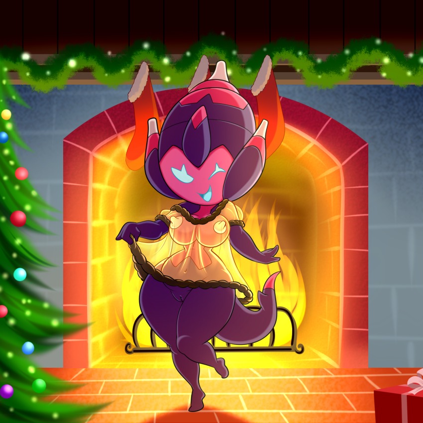 1girl arm_up blue_eyes bottomless breasts camisole christmas cleft_of_venus female_focus fire fireplace full_body gen_7_pokemon gift happy highres indoors large_breasts leg_up lonbluewolf looking_at_viewer navel nintendo nipples no_humans one_eye_closed open_mouth poipole pokemon pokemon_(creature) pokemon_sm pussy see-through_clothes smile solo standing standing_on_one_leg tail thick_thighs thighs tinsel tree ultra_beast uncensored wide_hips wink
