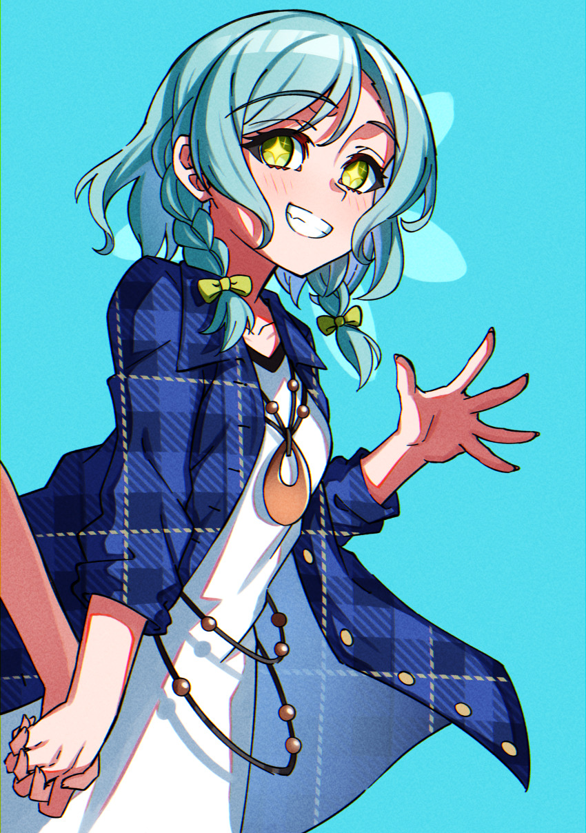 2girls absurdres aqua_background aqua_hair bang_dream! blue_jacket braid breasts clenched_teeth commentary dress fang green_eyes highres hikawa_hina hikawa_sayo holding_hands interlocked_fingers jacket junji_17 medium_breasts medium_hair multiple_girls plaid_clothes plaid_jacket siblings side_braids sisters star-shaped_pupils star_(symbol) symbol-shaped_pupils teeth twins unmoving_pattern white_dress