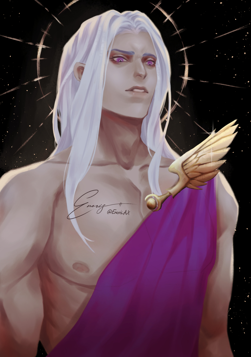 1boy absurdres artist_name bright_pupils commentary emperor&#039;s_children enerisart english_commentary fulgrim halo halo_behind_head halo_effect highres large_pectorals lips long_hair male_focus muscular muscular_male night night_sky parted_lips pectorals primarch purple_eyes signature sky solo standing star_(sky) toga upper_body warhammer_40k white_hair white_pupils
