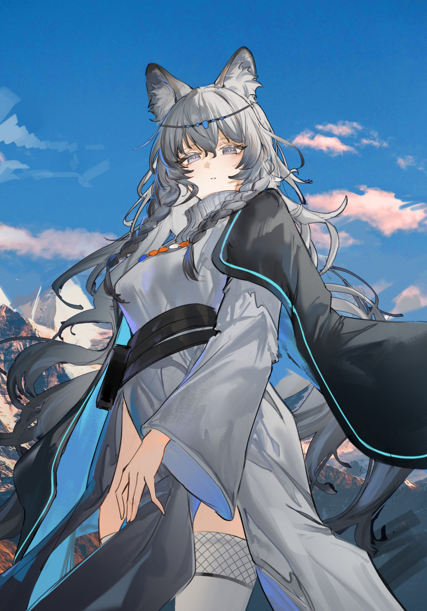 1girl absurdres animal_ear_fluff animal_ears arknights black_cape blue_cape blue_sky cape cloud cloudy_sky collar commentary cowboy_shot flantia from_above grey_eyes grey_hair grey_thighhighs hair_between_eyes highres jewelry leopard_ears leopard_girl leopard_tail long_hair long_sleeves looking_at_viewer messy_hair mountain multicolored_cape multicolored_hair necklace open_mouth pramanix_(arknights) sky solo tail thighhighs thighs two-tone_hair white_collar white_hair