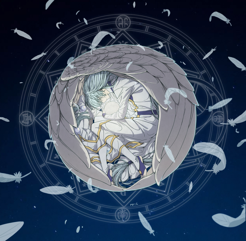 1boy absurdres artist_name cardcaptor_sakura closed_eyes feathers fetal_position highres long_hair male_focus mr.c_(bchana) no_shoes silver_hair solo toeless_legwear very_long_hair wings yue_(cardcaptor_sakura)