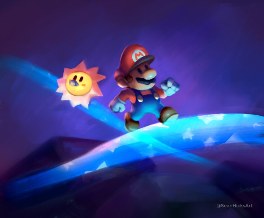 artist_name blue_overalls brown_footwear newsboy_cap commentary english_commentary facial_hair hat highres mario mario_(series) mustache nintendo overalls paper_mario paper_mario_(character) paper_mario_64 red_hat red_shirt seanhicksart shirt walking watt_(paper_mario)