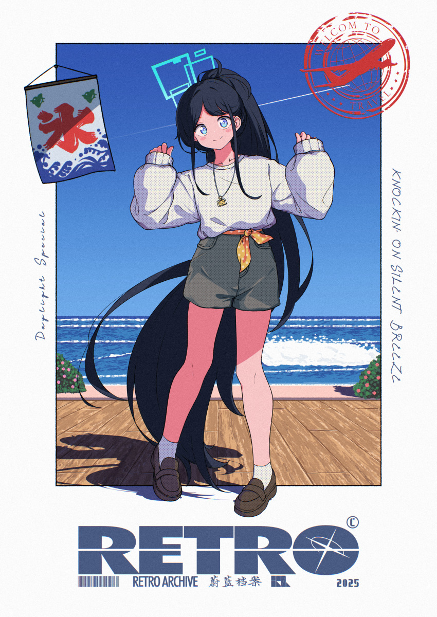 1990s_(style) 1girl absurdres alternate_costume aris_(blue_archive) black_hair blue_archive blue_eyes blush brown_shoes closed_mouth green_shorts high-waist_shorts highres hrna long_hair looking_at_viewer official_alternate_hairstyle ponytail retro_artstyle shirt shoes shorts sidelocks smile socks solo swept_bangs white_shirt white_socks