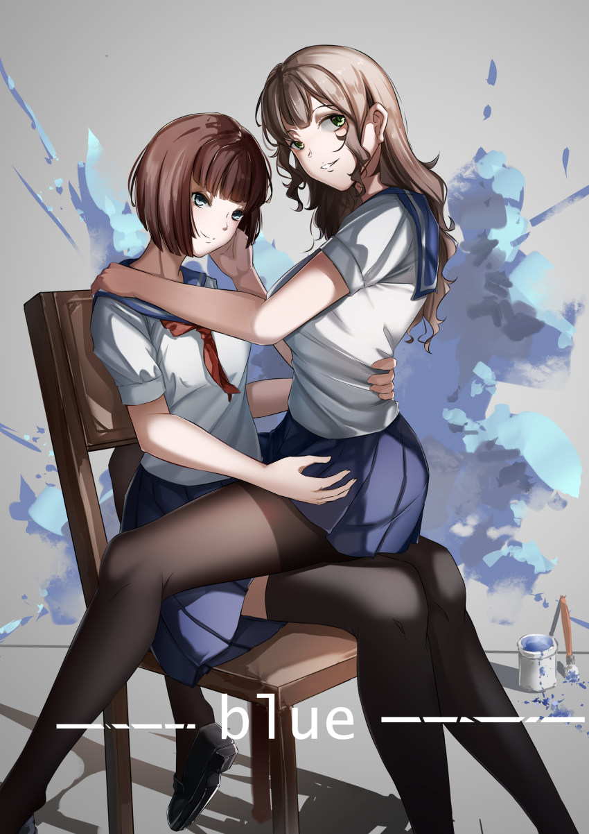 2girls absurdres black_footwear black_legwear blonde_hair blue_skirt brown_hair chair closed_mouth green_eyes highres holding_detached_head hug hug_from_behind long_hair looking_at_viewer lubikaya medium_hair missouri_(warship_girls_r) multiple_girls necktie pantyhose red_neckwear school_uniform shirt shoes simple_background sitting sitting_on_person skirt smile thighhighs warship_girls_r white_shirt wisconsin_(warship_girls_r)