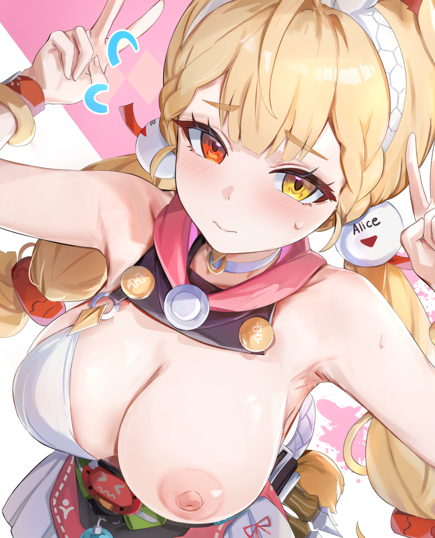 1girl alice_thymefield alice_thymefield_(sea_of_thyme) armpits blonde_hair blush bracelet breasts bubble_tea_challenge commentary_request cup disposable_cup double_v dress_swimsuit drinking_straw from_above hair_ornament hairband heterochromia highres jewelry large_breasts looking_at_viewer nipples official_alternate_costume one_breast_out paid_reward_available rabbit_tail red_eyes solo sphere_hair_ornament sweatdrop tail tomas_(kaosu22) v variant_set white_hairband yellow_eyes zenless_zone_zero