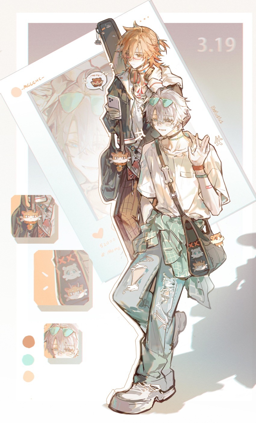 +++ 2boys ? absurdres alternate_costume antenna_hair artist_name black_bag black_choker black_jacket blonde_hair blue_eyes braid brown_pants chest_tattoo chimera_(honkai:_star_rail) chinese_commentary choker clothes_around_waist commentary_request denim glasses green-tinted_eyewear hair_between_eyes hand_in_pocket hand_on_headphones headphones headphones_around_neck highres holding holding_phone honkai:_star_rail honkai_(series) iron_hailai jacket jeans male_focus multiple_boys mydei_(honkai:_star_rail) open_mouth pants phainon_(honkai:_star_rail) phone ponytail red_hair red_tattoo shirt shoes short_hair short_sleeves side_braid sun_symbol sun_tattoo tan tattoo tinted_eyewear torn_clothes torn_jeans torn_pants torn_shirt waving white_hair white_shirt white_shoes yellow_eyes
