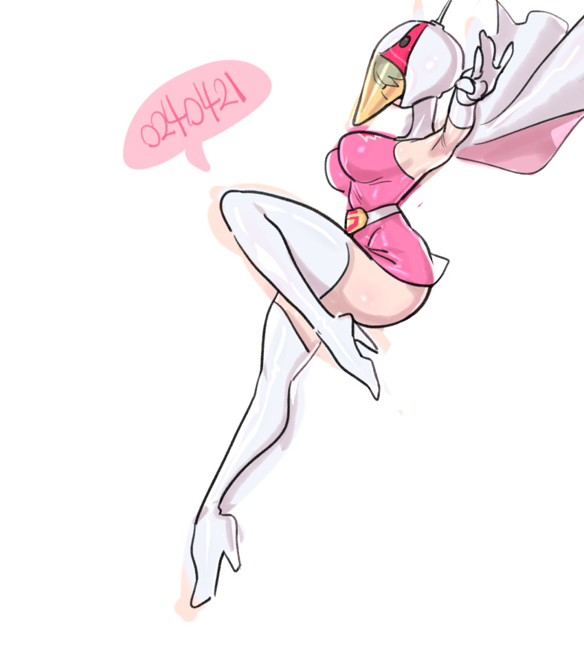 1girl alternate_breast_size animal_helmet artist_request ass belt bodysuit breasts cape cowboy_shot curvy elbow_gloves eyelashes gatchaman gloves highres huge_ass jumping jun_the_swan outdoors shiny_skin solo thighhighs white_background white_belt white_cape white_gloves white_thighhighs wide_hips