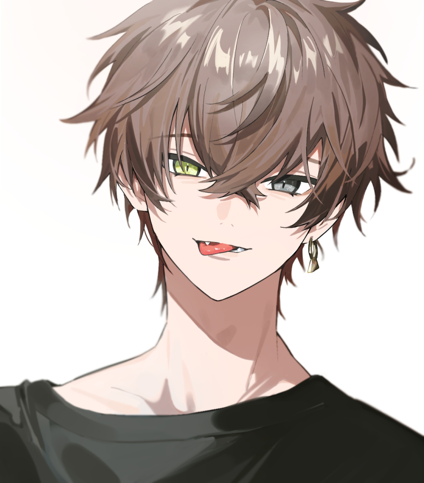 1boy alban_knox black_shirt brown_hair collarbone commentary crossed_bangs earrings fang gold_earrings green_eyes grey_eyes hair_between_eyes heterochromia highres jewelry looking_at_viewer male_focus merry-san_(w00sjn) nijisanji nijisanji_en open_mouth shirt short_hair simple_background single_earring smile solo symbol-only_commentary teeth tongue tongue_out upper_body virtual_youtuber white_background