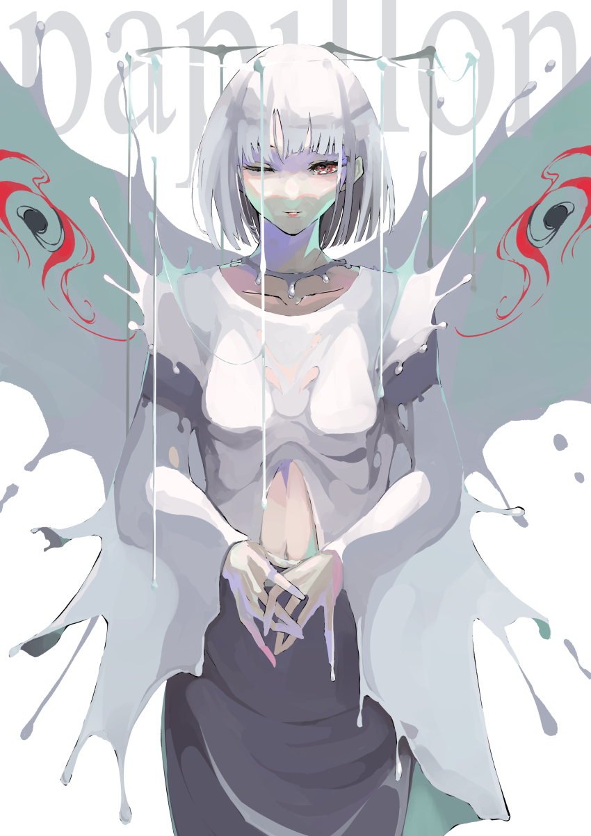 1girl absurdres blunt_bangs commentary dripping english_commentary english_text halo highres long_sleeves melting_halo navel nico-tine one_eye_closed original parted_lips red_eyes short_hair simple_background solo splatter white_background white_hair wings