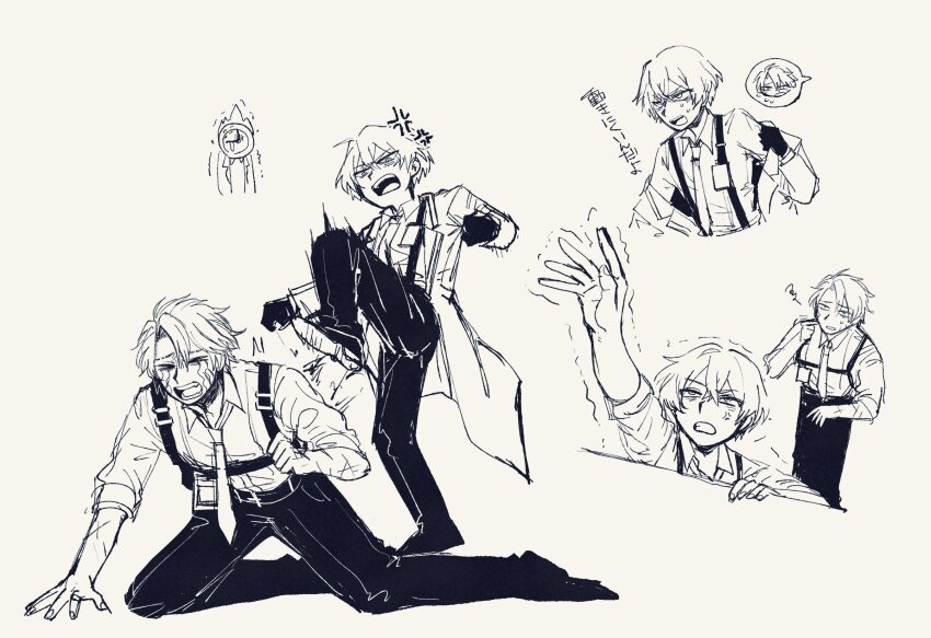 1other 2boys anger_vein black_gloves closed_mouth collared_shirt dante_(limbus_company) full_body gloves greyscale hair_between_eyes heathcliff_(project_moon) highres kicking limbus_company monochrome multiple_boys necktie open_mouth pants project_moon rainbowmisosoup shirt short_hair simple_background sinclair_(project_moon) sketch stomping suspenders sweat tears white_background white_shirt
