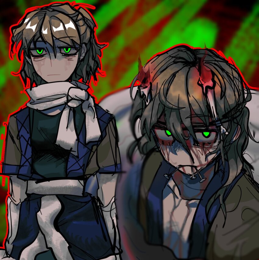 1girl alternate_ears bags_under_eyes black_shirt blood blood_on_face brown_hair brown_shirt candle closed_mouth expressionless green_eyes hair_between_eyes half_updo hashihime highres long_bangs looking_at_viewer mizuhashi_parsee mouth_hold nail_(hardware) outline red_outline sash scarf shiri_fusang shirt short_hair short_sleeves touhou undershirt upper_body white_sash white_scarf