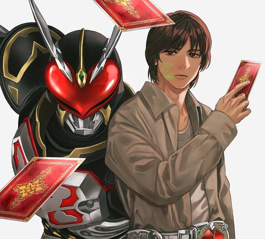 1boy aikawa_hajime antennae armor belt black_armor black_helmet blood blood_on_face blood_stain breastplate brown_coat brown_eyes brown_hair card coat collared_coat rider_belt forehead_jewel gem green_blood green_gemstone grey_armor heart helmet henshin_pose highres holding holding_card jewelry kamen_rider kamen_rider_blade_(series) kamen_rider_chalice long_sleeves mask red_visor sasakura34 serious shirt short_hair shoulder_armor simple_background sleeves_past_wrists undersuit white_background white_shirt