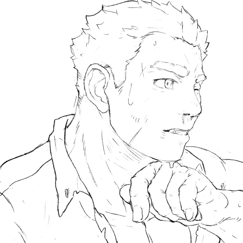 1boy bara blood bruise close-up collared_shirt cuts greyscale hand_on_own_chin highres injury male_focus protagonist_3_(housamo) me-me_(mouact2) monochrome muscular muscular_male nosebleed partially_unbuttoned pectoral_cleavage pectorals shirt short_hair sideburns solo sweat thick_eyebrows tokyo_houkago_summoners upper_body