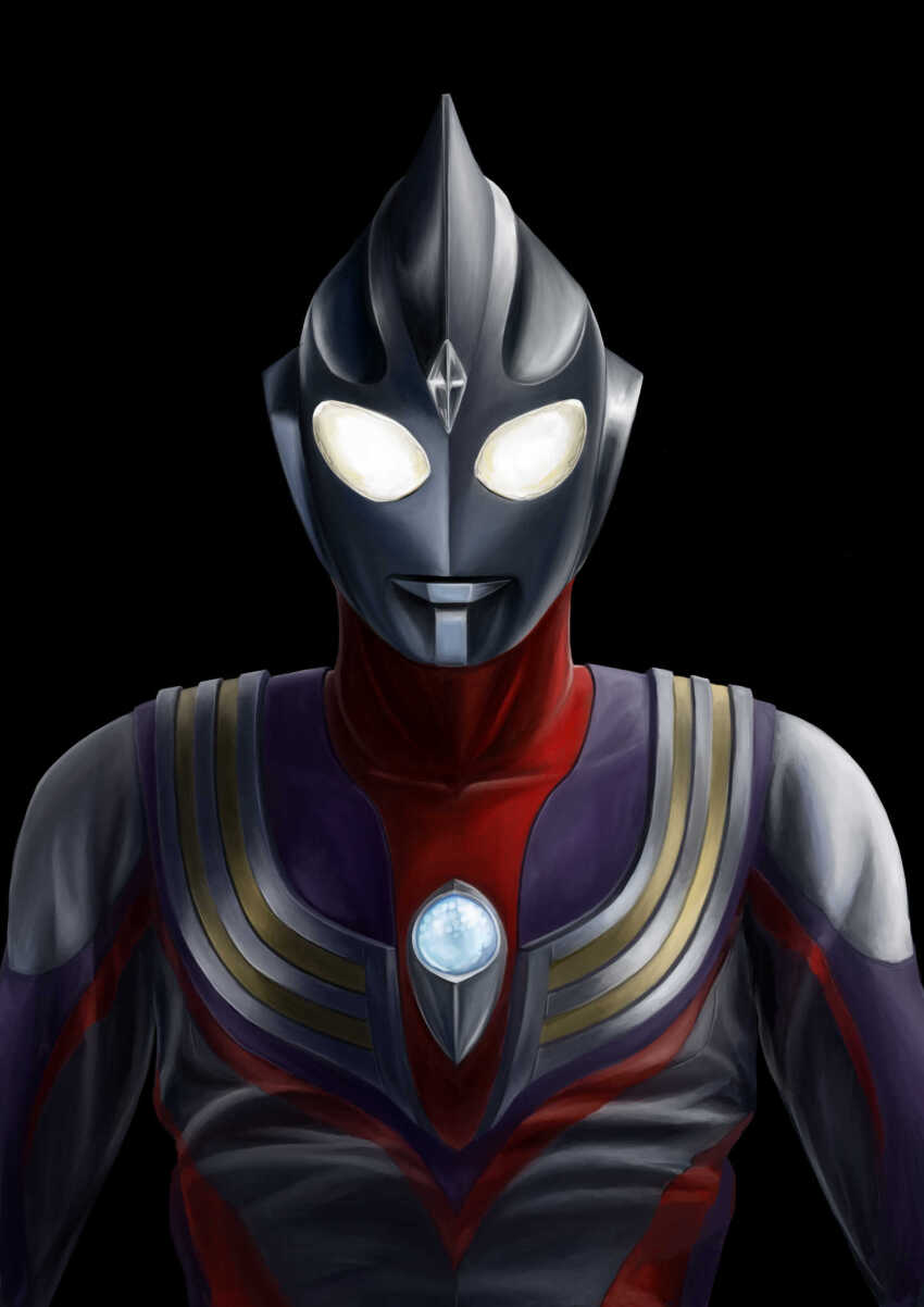 1boy alien armor black_background breastplate collarbone color_timer colored_skin commentary compound_eyes crystal dorsal_fin forehead_jewel gattyo gem glowing glowing_eyes hashtag-only_commentary highres looking_at_viewer male_focus multicolored_skin pectorals purple_skin red_skin silver_skin silver_trim simple_background solo standing tokusatsu ultra_series ultraman_tiga ultraman_tiga_(multi_type) ultraman_tiga_(series) upper_body white_eyes wrinkled_skin