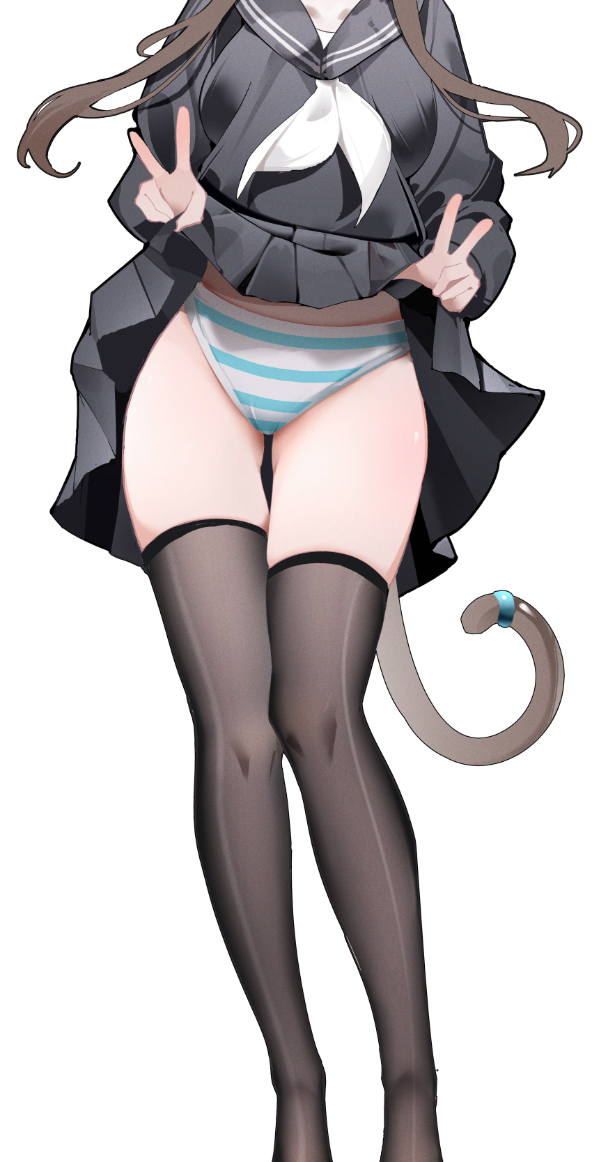 1girl absurdres black_sailor_collar black_serafuku black_shirt black_skirt black_thighhighs brown_hair chinese_commentary clothes_lift commentary_request double_v feet_out_of_frame film_grain hair_over_shoulder head_out_of_frame highres lifting_own_clothes long_hair long_sleeves neckerchief no_shoes original panties pleated_skirt sailor_collar school_uniform serafuku shenmi_de_xigua shirt simple_background skirt skirt_lift solo standing striped_clothes striped_panties tail thighhighs underwear v white_background white_neckerchief