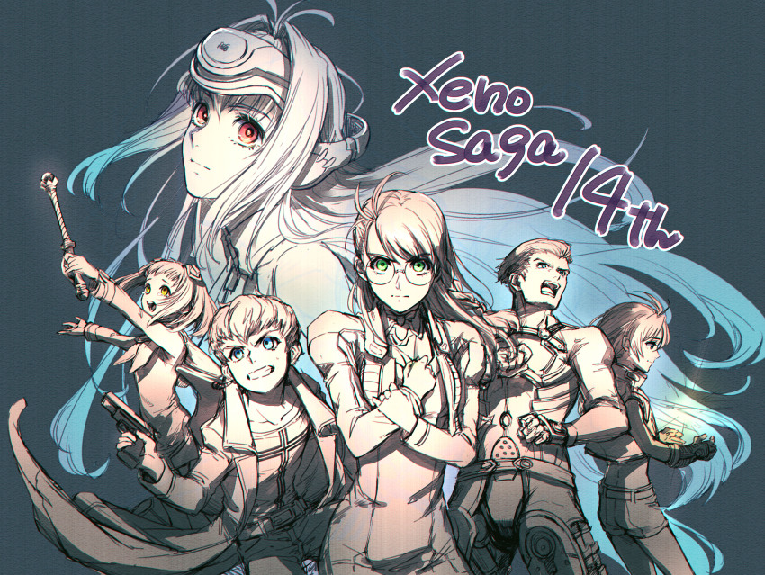 absurdres anniversary blue_background blue_hair bomssp chaos_(xenosaga) clenched_teeth commentary_request forehead_protector glasses green_eyes highres holding holding_wand jr. kos-mos limited_palette long_hair momo_mizrahi red_eyes round_eyewear shion_uzuki smile spot_color standing teeth wand xenosaga xenosaga_episode_i ziggy