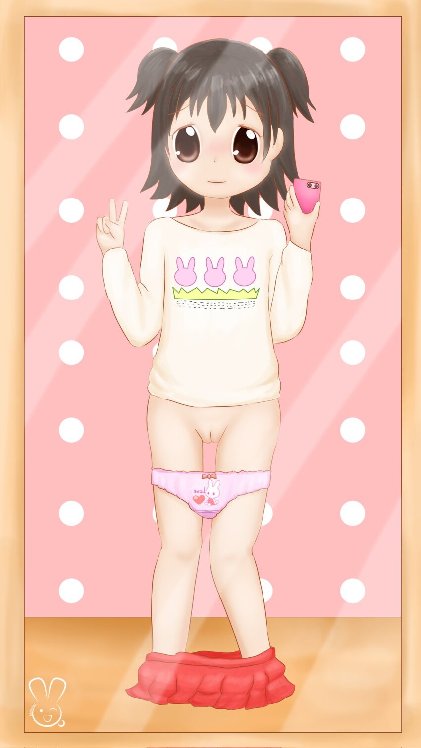 1girl akagi_miria animal_print black_hair blush bow bow_panties brown_eyes cellphone clothes_pull clothes_writing collarbone crotch_seam flat_chest heart heart_print highres holding holding_phone idolmaster idolmaster_cinderella_girls loli long_sleeves looking_at_viewer mirror mirror_selfie panties panty_pull phone pink_panties print_panties print_shirt pussy rabbit_print red_bow red_skirt reflection selfie shirt short_hair skirt skirt_around_ankles skirt_pull smartphone smile standing twintails underwear urameido v white_shirt
