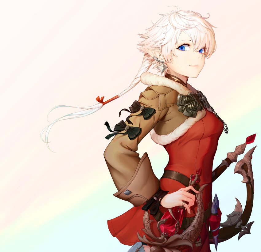 1girl absurdres alisaie_leveilleur blue_eyes breasts brown_jacket closed_mouth cropped_jacket dress earrings elezen elf eyebrows_hidden_by_hair final_fantasy final_fantasy_xiv from_side fur-trimmed_jacket fur_trim hair_between_eyes hand_on_weapon hepa highres jacket jewelry lips looking_at_viewer medium_breasts medium_hair pointy_ears rapier red_dress red_mage_(final_fantasy) ring sheath sheathed simple_background smile solo sword weapon