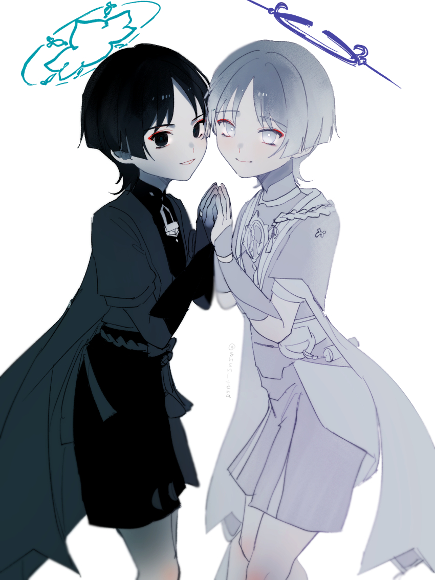 2boys armor black_bodysuit black_eyes black_hair black_shorts blue_halo blunt_ends bodysuit bow bright_pupils closed_mouth colored_skin dark_persona dual_persona empty_eyes eyeliner eyeshadow furisode genshin_impact gnsn_tera grey_bow grey_kimono hakama hakama_shorts halo highres japanese_armor japanese_clothes jewelry kimono kote kurokote layered_shorts layered_sleeves makeup male_focus mandarin_collar mechanical_halo middle_ring mitsudomoe_(shape) monochrome multiple_boys neck_ring o-ring pale_skin palms_together parted_lips pleated_shorts polar_opposites purple_halo red_eyeliner red_eyeshadow rope scaramouche_(genshin_impact) shimenawa short_sleeves shorts smile tassel tomoe_(symbol) twitter_username wanderer_(genshin_impact) white_background white_eyes white_mouth white_pupils white_skin