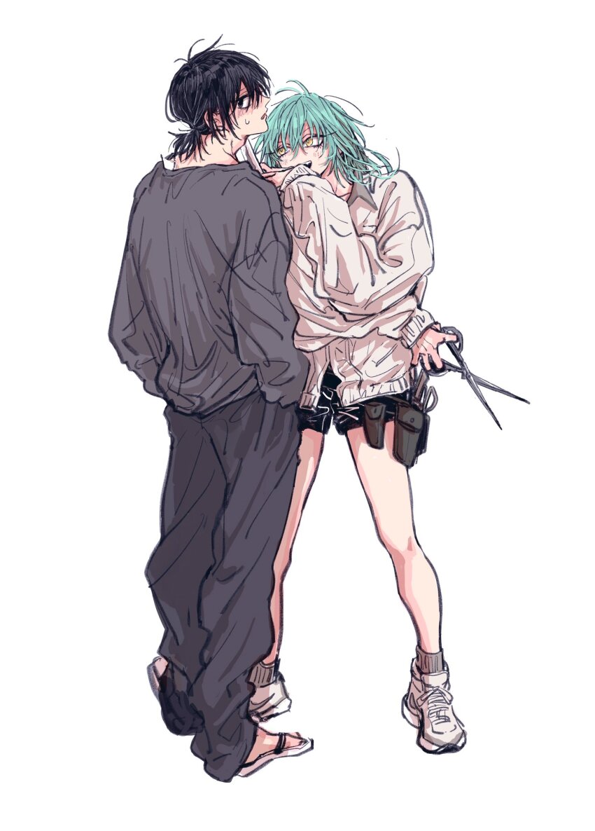 1boy 1girl akao_rion black_eyes black_hair black_shorts blue_hair full_body grey_pants grey_shirt hands_in_pockets highres holding holding_scissors long_hair long_sleeves looking_at_viewer nagumo_(sakamoto_days) neuchimonai open_mouth pants ponytail profile sakamoto_days sandals scissors shirt shoes short_hair short_ponytail short_shorts shorts simple_background sleeves_past_wrists smile sneakers standing sweatdrop sweater white_background white_footwear white_sweater yellow_eyes