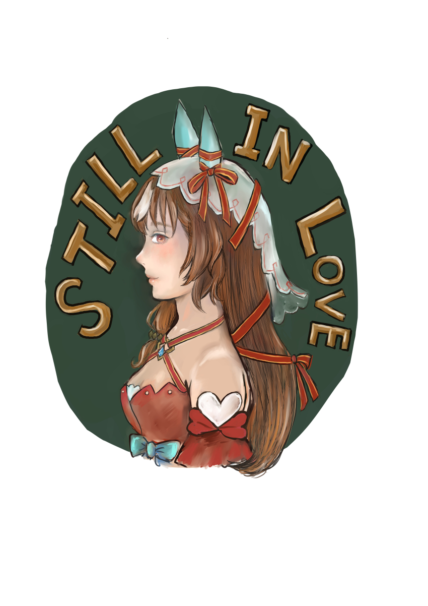 1girl 33ki71 absurdres animal_ears bare_shoulders bow breasts brown_hair character_name cleavage closed_mouth dress ear_ribbon from_side hair_ribbon highres horse_ears horse_girl long_hair looking_at_viewer multicolored_hair off-shoulder_dress off_shoulder red_dress red_eyes red_ribbon ribbon simple_background small_breasts smile solo still_in_love_(umamusume) streaked_hair umamusume veil very_long_hair white_background white_hair white_veil