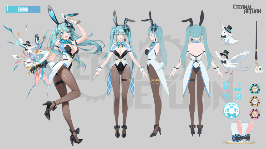 1girl animal_ears aqua_eyes aqua_hair arm_strap arm_up artist_request ass bare_shoulders bird black_footwear black_hairband black_leotard black_survival bow bowtie braid breasts brown_pantyhose card chain cleavage covered_navel dove earrings emma_hardy eternal_return:_black_survival facial_mark fake_animal_ears fake_tail hair_bow hairband hat high_heels highleg highleg_leotard highres holding holding_unworn_clothes holding_unworn_hat jewelry large_breasts leg_up leotard multiple_views official_alternate_costume official_art open_mouth pantyhose playboy_bunny playing_card rabbit_ears rabbit_tail reference_sheet smile strapless strapless_leotard tachi-e tail tailcoat thigh_strap thighs top_hat twintails unworn_hat unworn_headwear vest wand white_hat white_vest wrist_cuffs