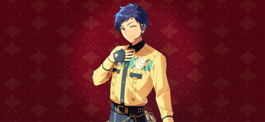 1boy belt belt_buckle black_belt black_gloves blue_hair buckle collared_shirt dark_blue_hair dress_shirt ensemble_stars! fingerless_gloves fingernails fushimi_yuzuru gloves hand_on_own_chest hand_up happy_elements headset long_sleeves looking_at_viewer male_focus mole mole_under_eye multicolored_clothes official_art one_eye_closed purple_eyes shirt short_hair smile solo third-party_source upper_body