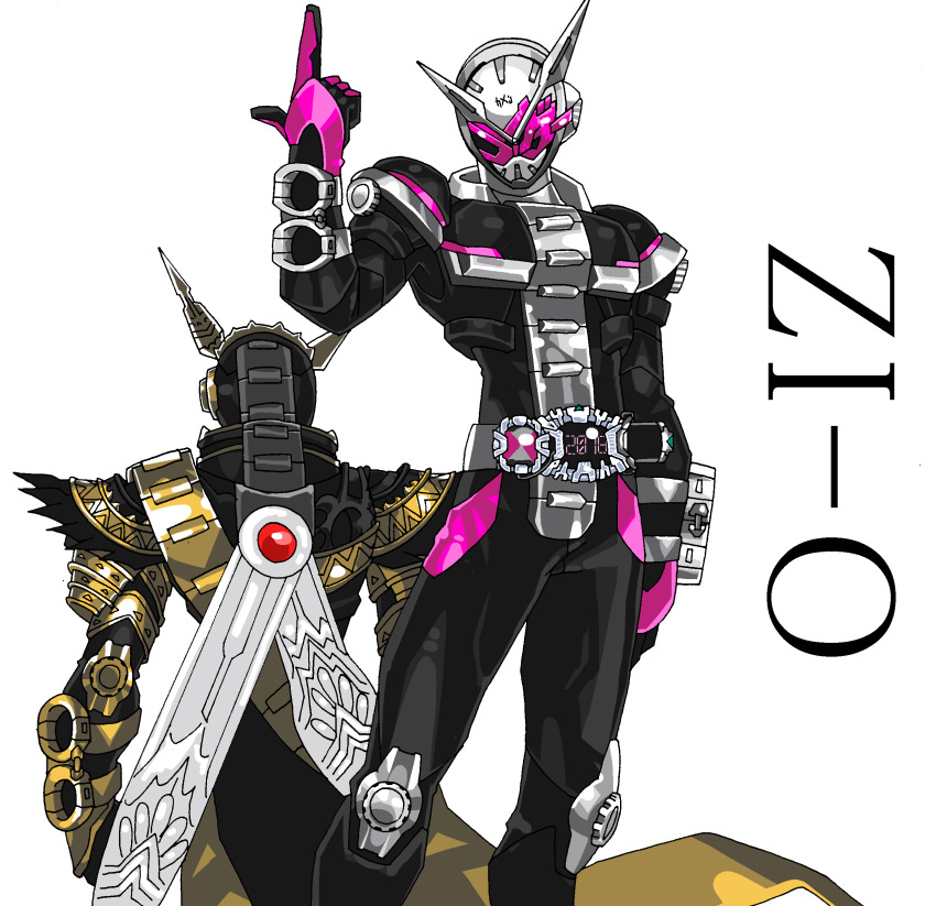 2131001010 2boys absurdres armor belt bodysuit character_name clock_hands rider_belt gloves gold_trim helmet highres horns index_finger_raised kamen_rider kamen_rider_zi-o kamen_rider_zi-o_(series) looking_at_viewer male_focus multiple_boys ouma_zi-o pink_eyes pointing pointing_up rider_belt rider_watch solo_focus tokusatsu white_background ziku_driver