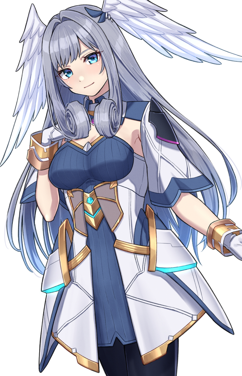 1girl absurdres black_pantyhose blue_dress blue_eyes breasts commentary_request cowboy_shot detached_sleeves dress feathered_wings flower gloves gold_trim grey_hair hand_on_own_chest head_wings highres layered_dress light_smile long_hair medium_breasts melia_antiqua pantyhose ribbed_dress shinae sidelocks two-tone_dress white_dress white_gloves wings xenoblade_chronicles_(series) xenoblade_chronicles_3