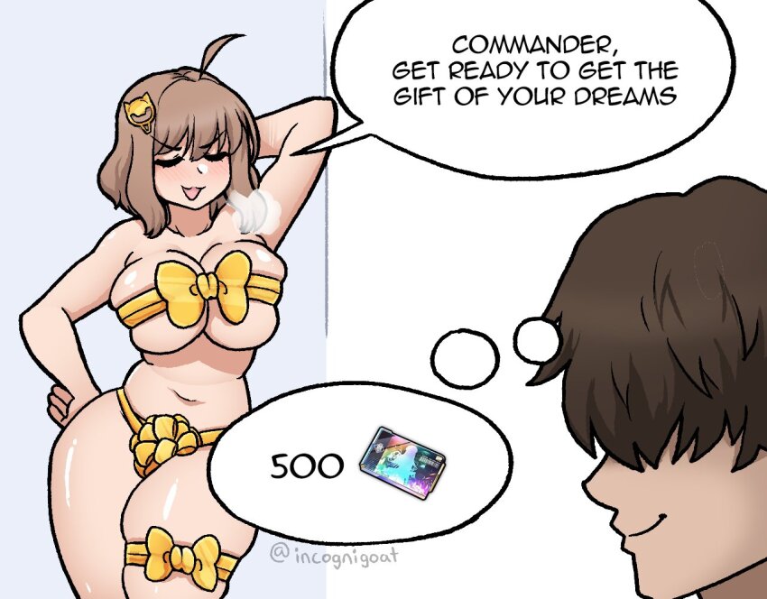 1boy 1girl advanced_recruit_voucher_(nikke) ahoge anis_(nikke) anis_(sparkling_summer)_(nikke) blush bob_cut breasts brown_hair cleavage closed_eyes commander_(nikke) english_text gift_wrapping goddess_of_victory:_nikke hair_ornament hair_over_eyes hairpin huffing incognigoat large_breasts meme naked_ribbon navel ribbon skindentation speech_bubble thick_thighs thigh_strap thighs thought_bubble underboob white_background