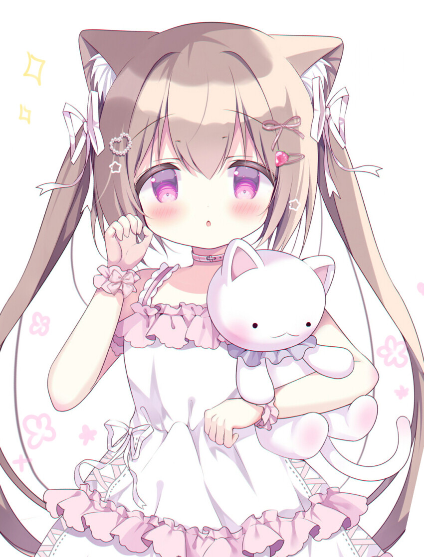 1girl animal_ear_fluff animal_ears azumi_kazuki bare_shoulders blush brown_hair cat_ears cat_girl cat_tail commentary_request dress food-themed_hair_ornament frilled_dress frills hair_between_eyes hair_ornament hair_ribbon hairclip hand_up heart heart_hair_ornament highres hugging_object long_hair looking_at_viewer original parted_lips purple_eyes ribbon simple_background sleeveless sleeveless_dress solo sparkle strawberry_hair_ornament stuffed_animal stuffed_cat stuffed_toy tail twintails very_long_hair white_background white_dress white_ribbon wrist_cuffs