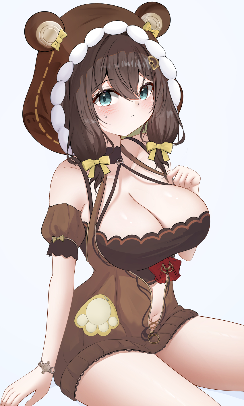 1girl absurdres alternate_breast_size animal_ears bare_shoulders bear_ears bear_girl blue_eyes blush breasts brown_hair brown_hood detached_sleeves dot_nose hair_ornament hair_tie heart highres hood knosdeba large_breasts navel pout strinova yvette_(strinova)