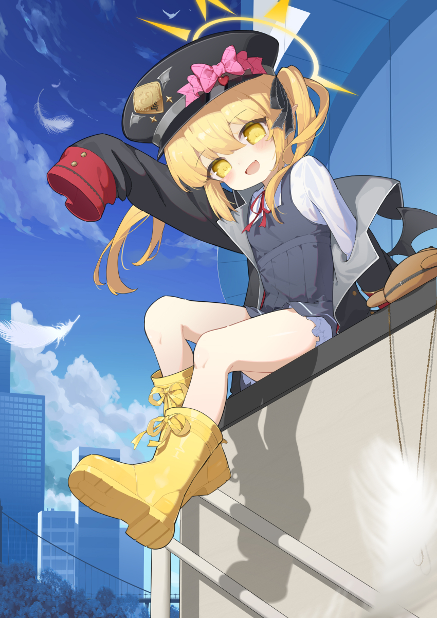 1girl absurdres biluoyao black_coat black_dress black_hat black_ribbon black_wings blonde_hair bloomers blue_archive blue_sky blush boots bow child coat demon_girl demon_wings dress flat_chest halo hat hat_bow highres ibuki_(blue_archive) long_sleeves looking_at_viewer military_hat neck_ribbon open_mouth outdoors peaked_cap pinafore_dress pink_bow red_ribbon ribbon rubber_boots shirt short_dress side_ponytail sitting sky sleeveless sleeveless_dress sleeves_past_fingers sleeves_past_wrists solo underwear white_bloomers white_shirt wings yellow_boots yellow_eyes yellow_halo