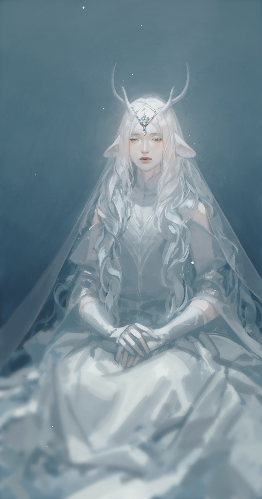1girl animal_ears antlers commentary crying deer_antlers deer_girl dress gloves highres horns long_hair original pale_skin solo streaming_tears tears white_dress white_gloves white_hair zzzi_gn