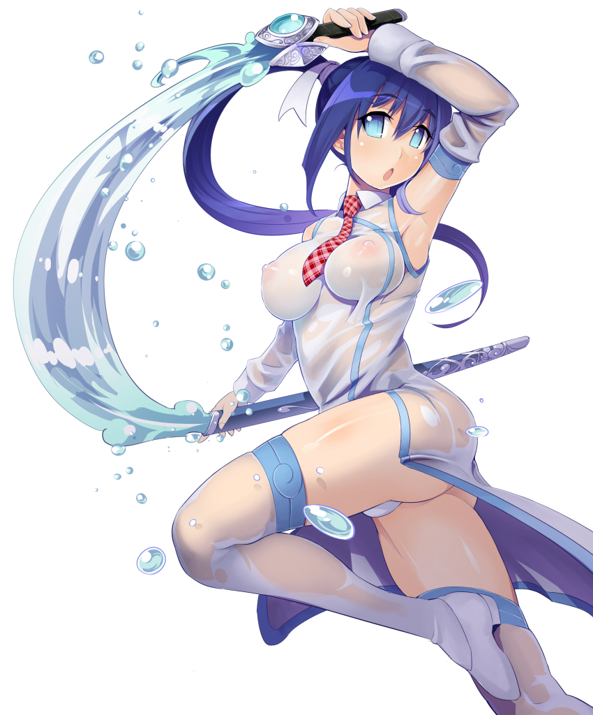 1girl absurdres arm_up armpits blue_eyes blue_hair breasts china_dress chinese_clothes covered_erect_nipples dao_(weapon) detached_sleeves drawing_sword dress dungeons_&amp;_princess female_focus highres holding holding_sword holding_weapon impossible_clothes impossible_shirt long_hair looking_at_viewer matching_hair/eyes necktie nipples open_mouth panties ponytail scabbard see-through_clothes sheath shirt simple_background solo sword takashi_moritaka thighhighs underwear unsheathing water weapon wet white_background