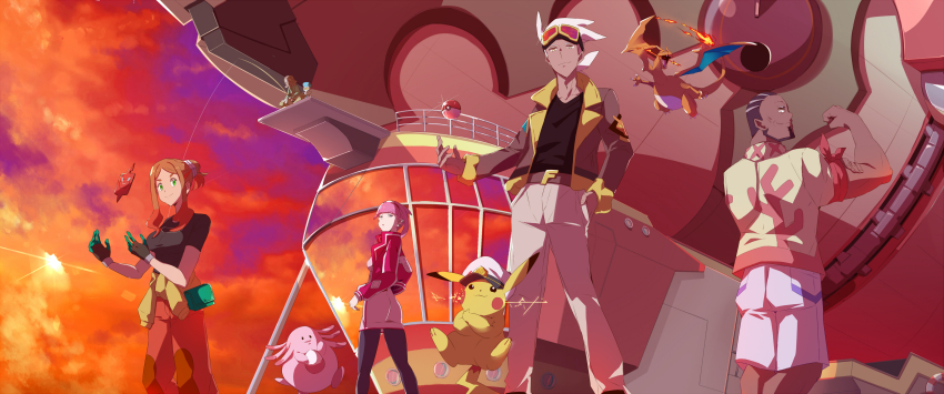 2girls 3boys absurdres aircraft airship akitsugu_akiyama armband belt black_gloves black_hair black_pantyhose black_shirt captain_pikachu chansey charizard cloud dark-skinned_male dark_skin day electricity fishing_rod flexing friede_(pokemon) gen_1_pokemon gen_4_pokemon gloves goggles goggles_on_head grey_hair highres jacket long_sleeves ludlow_(pokemon) mollie_(pokemon) multiple_boys multiple_girls murdock_(pokemon) nintendo old old_man orange_pants orla_(pokemon) outdoors pants pantyhose pikachu pink_hair poke_ball pokemon pokemon_(anime) pokemon_(creature) pokemon_horizons quaxly red_jacket rotom rotom_phone shirt short_hair short_sleeves shorts standing twilight white_hair white_shorts
