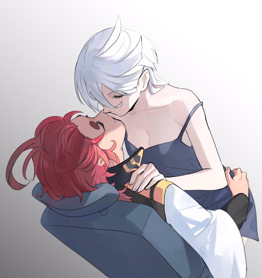 2girls ahoge asticassia_school_uniform breasts chair cleavage closed_eyes dress gundam gundam_suisei_no_majo highres hug imminent_kiss knightym22 long_hair medium_breasts miorine_rembran multiple_girls red_hair school_uniform simple_background sitting suletta_mercury thick_eyebrows white_hair yuri
