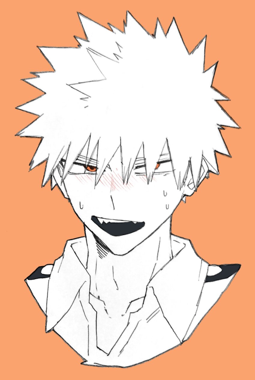 1boy 2tdut bakugou_katsuki blush boku_no_hero_academia collarbone collared_shirt cropped_shoulders fangs greyscale_with_colored_background highres looking_at_viewer male_focus open_collar open_mouth orange_background orange_eyes shirt short_hair simple_background solo spiked_hair sweat teeth upper_teeth_only wing_collar