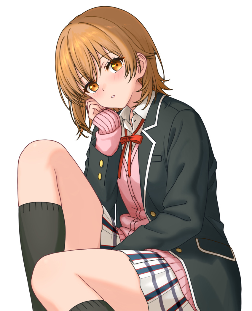 1girl black_jacket black_socks blazer brown_hair feichu_keju highres isshiki_iroha jacket kneehighs long_sleeves looking_at_viewer medium_hair neck_ribbon open_clothes open_jacket pink_sweater_vest plaid_clothes plaid_skirt red_ribbon ribbon school_uniform skirt sobu_high_school_uniform socks solo sweater_vest yahari_ore_no_seishun_lovecome_wa_machigatteiru. yellow_eyes