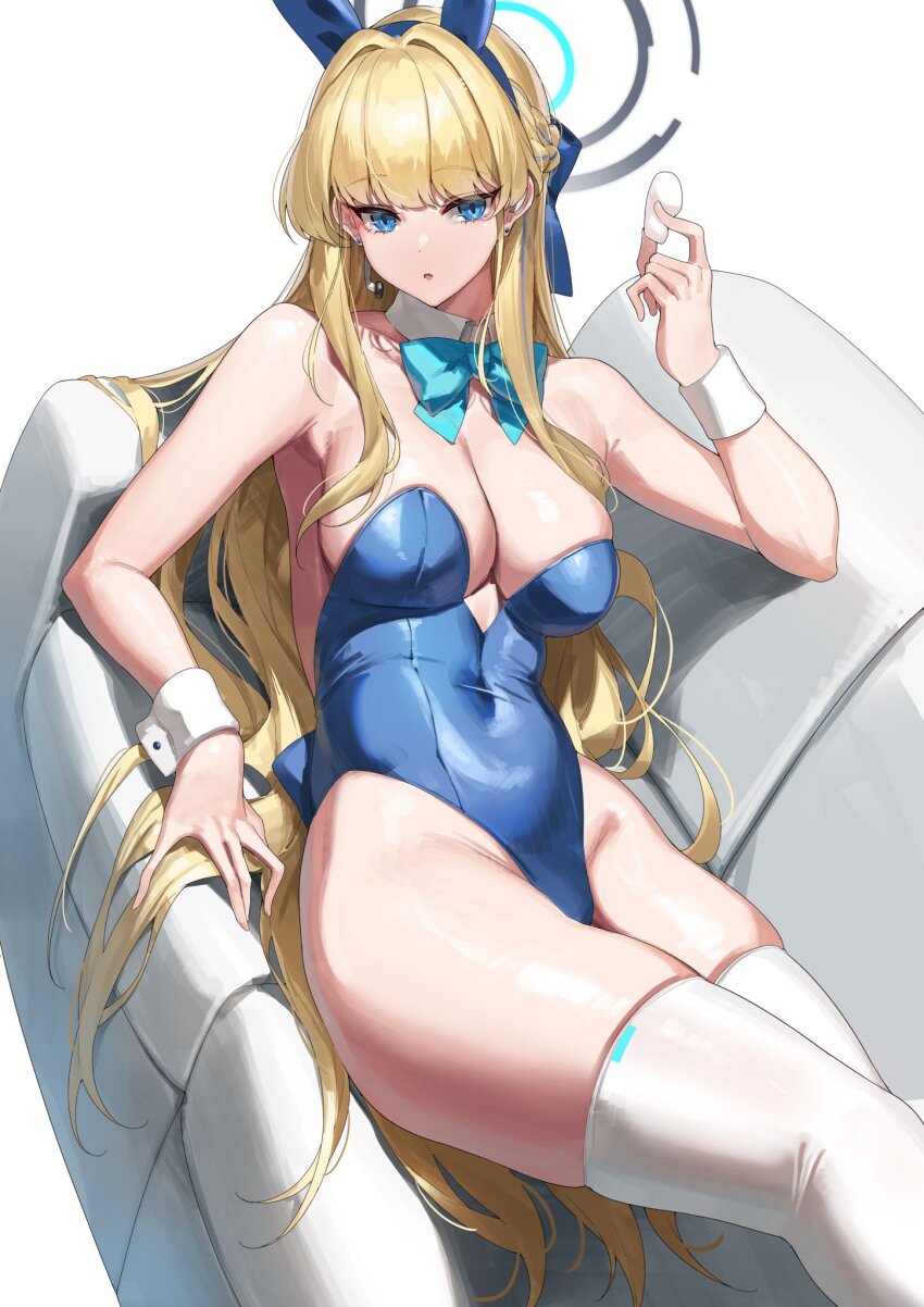 1girl animal_ears aqua_bow aqua_bowtie blonde_hair blue_archive blue_eyes blue_hairband blue_halo blue_leotard bow bowtie braid breasts covered_navel detached_collar earpiece fake_animal_ears hairband halo hand_up highleg highleg_leotard highres leotard long_hair looking_at_viewer official_alternate_costume parted_lips playboy_bunny rabbit_ears solo strapless strapless_leotard thighhighs toki_(blue_archive) toki_(bunny)_(blue_archive) white_thighhighs white_wrist_cuffs wrist_cuffs yamanokami_eaka