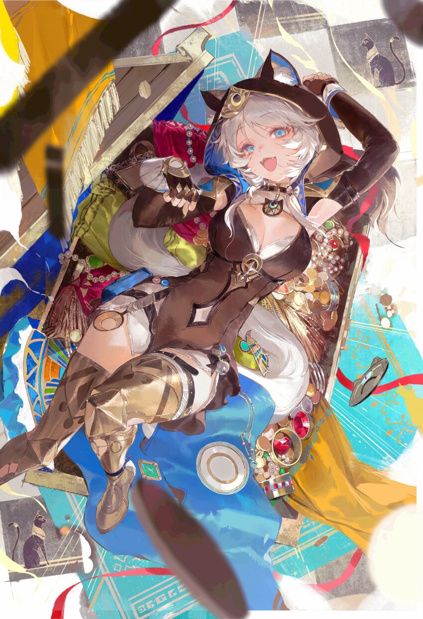 1girl :d absurdres animal_ear_fluff animal_ears armpit_cutout armpits black_choker black_gloves black_jacket blue_eyes boots breasts cat_ears cat_girl choker cipher_(honkai:_star_rail) cleavage clothing_cutout coin fangs fingerless_gloves gem gloves gold_coin hand_up highres honkai:_star_rail honkai_(series) hood hood_up hooded_jacket jacket jewelry knee_up kurikabacha large_breasts looking_at_viewer lying navel navel_cutout necklace on_back open_mouth paw_pose pearl_necklace shorts smile solo thigh_boots treasure_chest unworn_jewelry white_hair white_shorts yellow_boots
