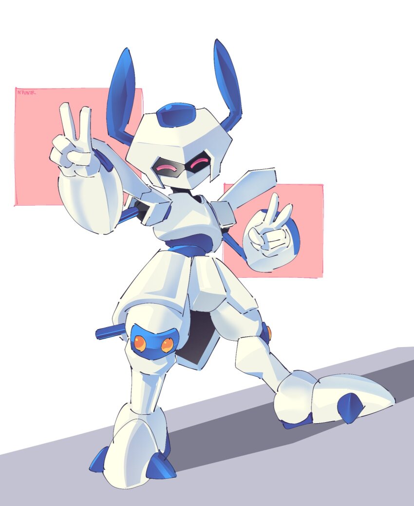 1boy armor closed_eyes double_v helmet highres horns humanoid_robot making-of_available male_focus medarot notaventura red_eyes robot rokusho_(medarot) solo standing v white_armor white_helmet