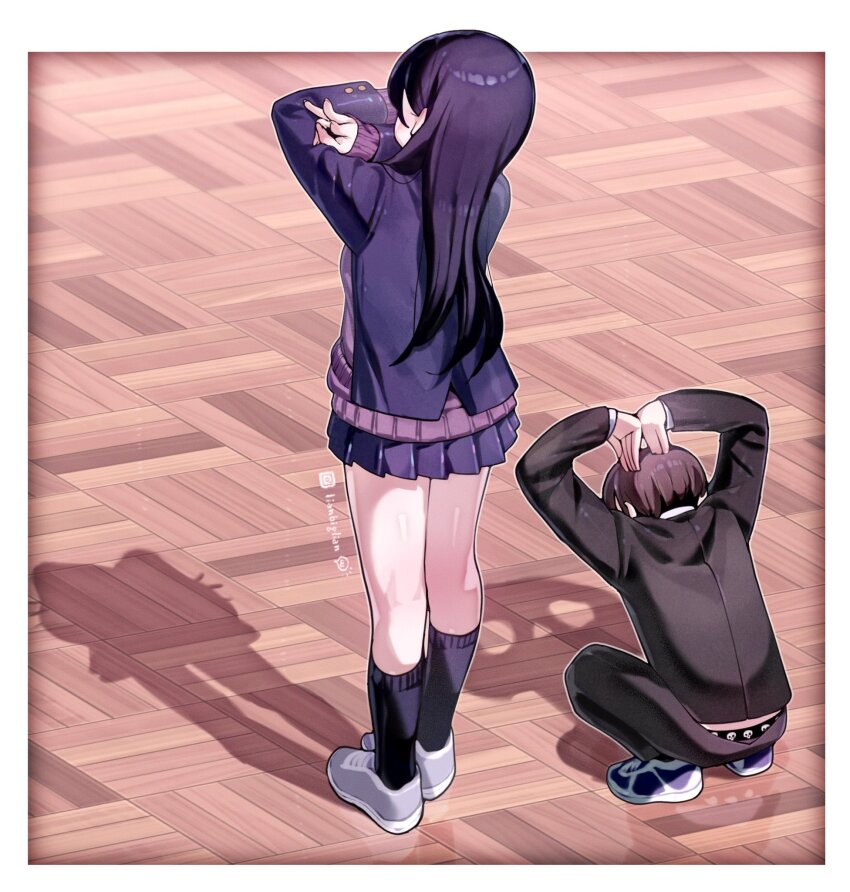 1boy 1girl black_hair black_jacket black_pants black_socks boku_no_kokoro_no_yabai_yatsu border brown_hair cardigan cat_shadow_puppet_(meme) from_behind gakuran highres ichikawa_kyoutarou instagram_username jacket lianbiglian long_hair meme miniskirt pants pleated_skirt purple_cardigan school_uniform shadow shoes short_hair skirt sneakers socks squatting standing twitter_username white_border wooden_floor yamada_anna
