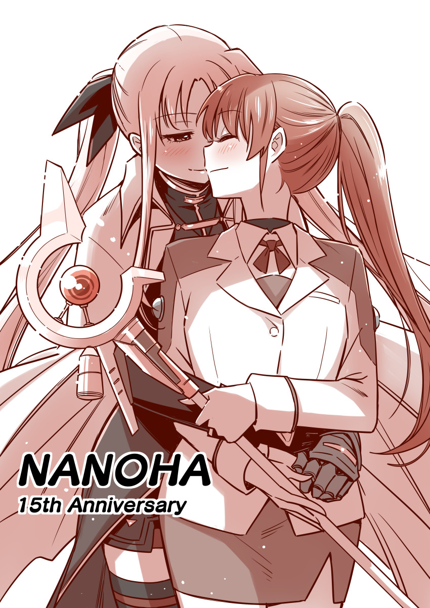 2girls absurdres anniversary arms_around_waist blush closed_eyes coat collared_shirt couple fate_testarossa fate_testarossa_(impulse_form) happy highres hone_(honehone083) hug imminent_kiss long_hair looking_at_another lyrical_nanoha mahou_shoujo_lyrical_nanoha mahou_shoujo_lyrical_nanoha_strikers military military_uniform multiple_girls neck_ribbon raising_heart raising_heart_(device_mode)_(1st) ribbon shirt side_ponytail smile staff takamachi_nanoha very_long_hair yuri
