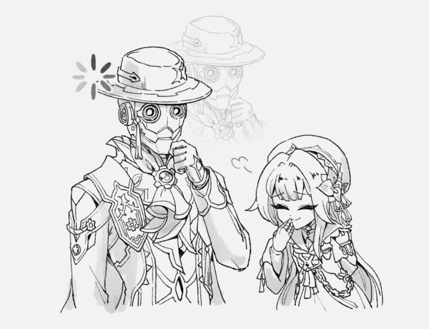 1boy 1girl ascot beret buffering chain closed_eyes closed_mouth coat fedora flower gears gloves greyscale hair_flower hair_ornament hand_up hat herta_(honkai:_star_rail) honkai:_star_rail honkai:_star_rail_sticker_redraw_(meme) honkai_(series) krakrignmr laughing lock long_hair long_sleeves meme monochrome monocle ribbon screwllum_(honkai:_star_rail) sidelocks simple_background smile tassel upper_body very_long_hair